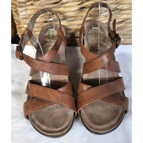 DANSKO FRIDA Sandals Womens 9 39 Brown Leather Strappy Wedge Heels Platform - Picture 2 of 12